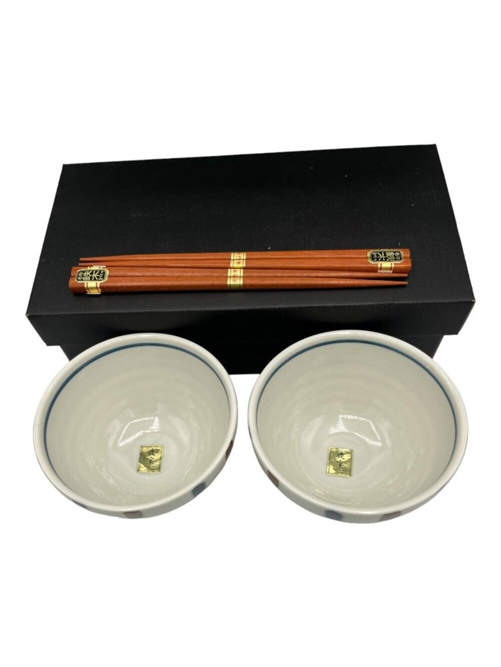 Pair of Japanese Ceramic Rice Soup Noodle Bowls & Chopsticks in Original Box - Picture 2 of 11